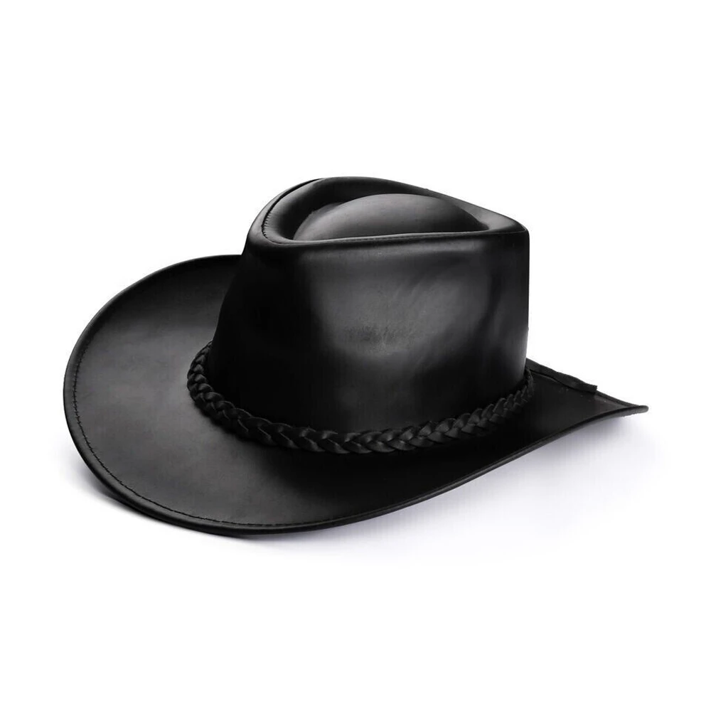 Hot Selling Western Style Genuine Leather Brown Cowboy Bush Hat Hats With Free Chin Strap Australian
