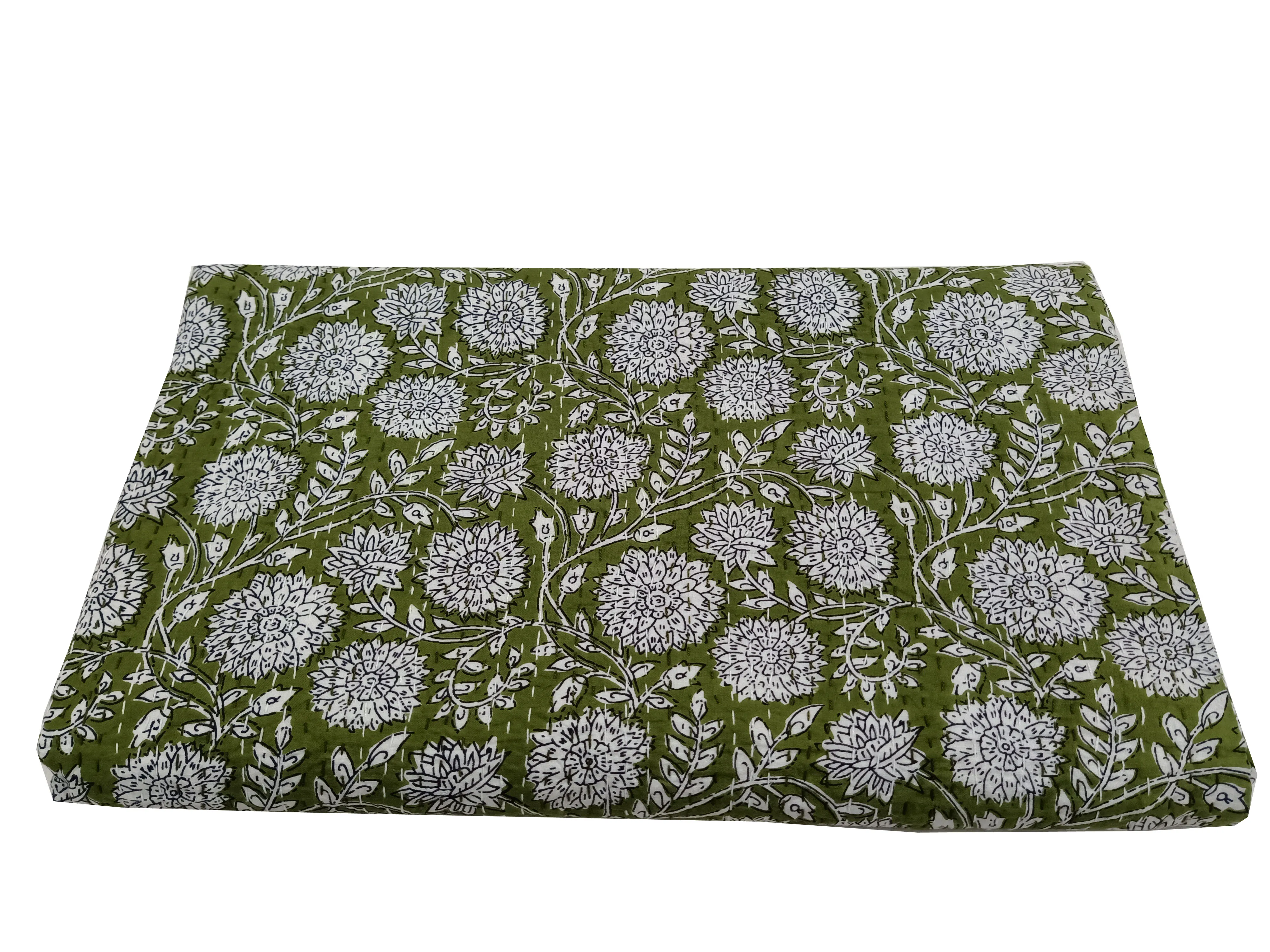 Ethnic Indian Floral Print 100% Cotton Comforter Custom Made Various Sizes Designs Green Color Print Sheets-King Size Home Use