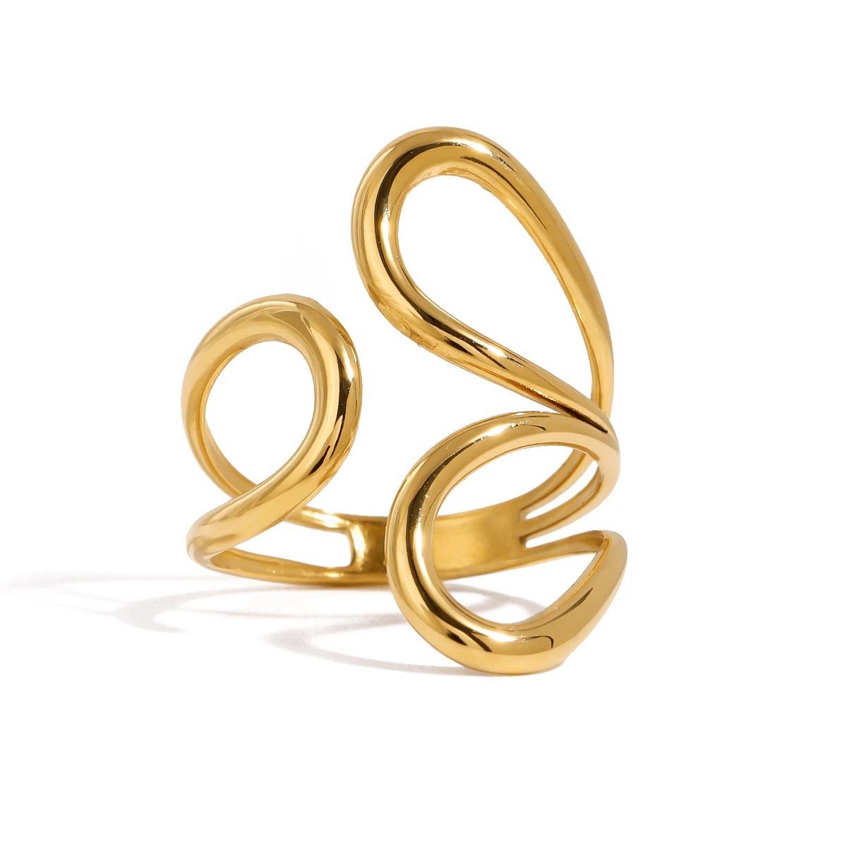 J&D 18k Gold Stainless Steel Adjustable Polished Abstract Line Open Ring Artistic Unique Linear Statement Jewelry