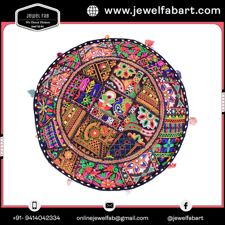 Cotton Bean Bag Cover Round Pouf Cover Home Decor Hand Embroidered Vintage Ottoman Pouf Cover handmade