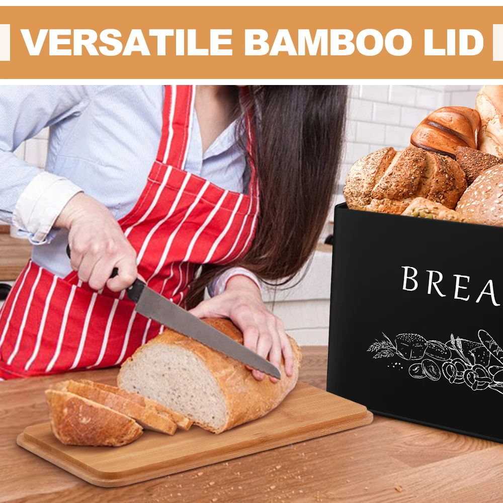Black Bread Box for Kitchen Counter, Metal Bread Storage Bin with Wooden Cutting Lid, Large and Capacity for Holding