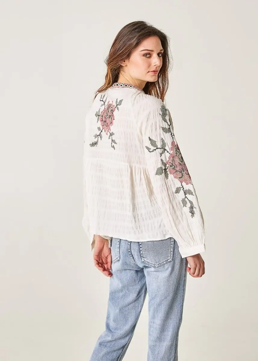machine floral embroidered full sleeves open front round neck with drawstring casual tunic top for women