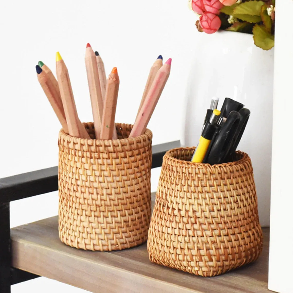 Manual Rattan Chopsticks Tube Shovel Spoons Bucket Dinner Knives Forks Tableware Storage Box Home Storage Baskets Organizer Box