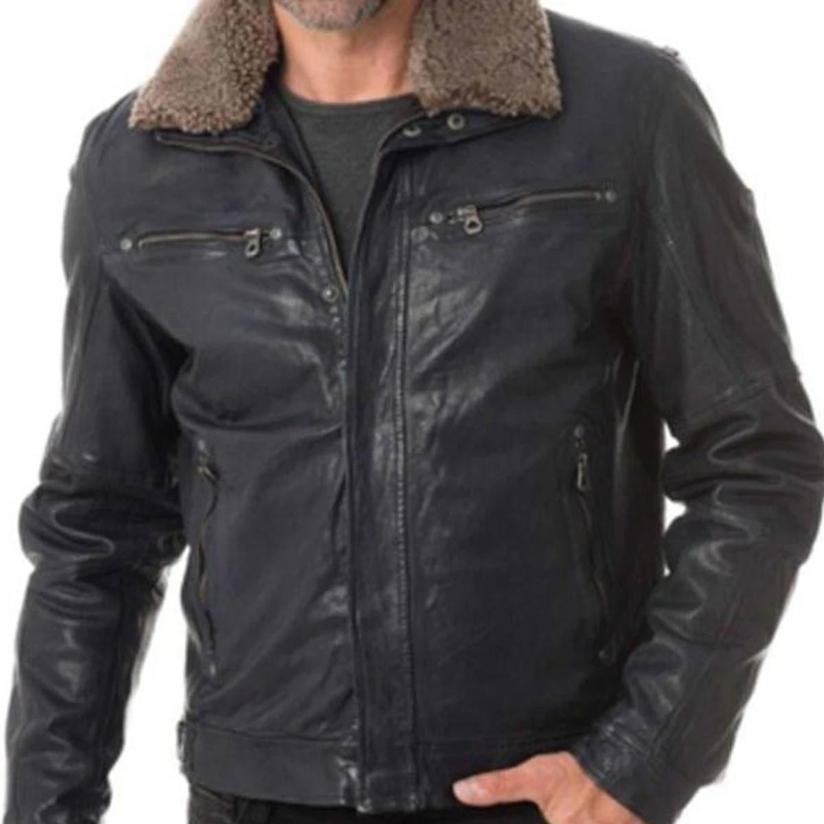 First Class Quality Winter Windproof Warm Leather Jacket oversized fit is complimented by articulated sleeves dropped shoulders