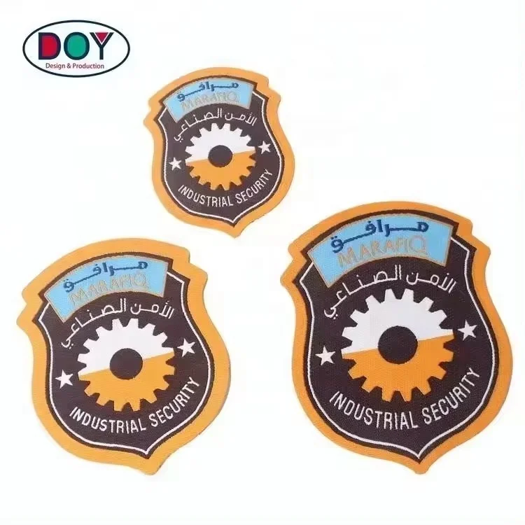 Uniform Clothing Weaving Labels Wholesale Custom Shield Shape Logo Self Adhesive Woven Patches for Garment