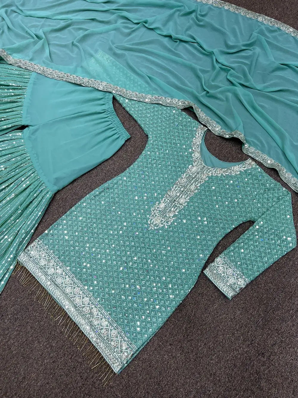 Readymade Indian Sequin Embroidered Sharara Gharara Kurti Set, Georgette Fabric, Pakistani Designer Ethnic Wear 3 Pcs Set