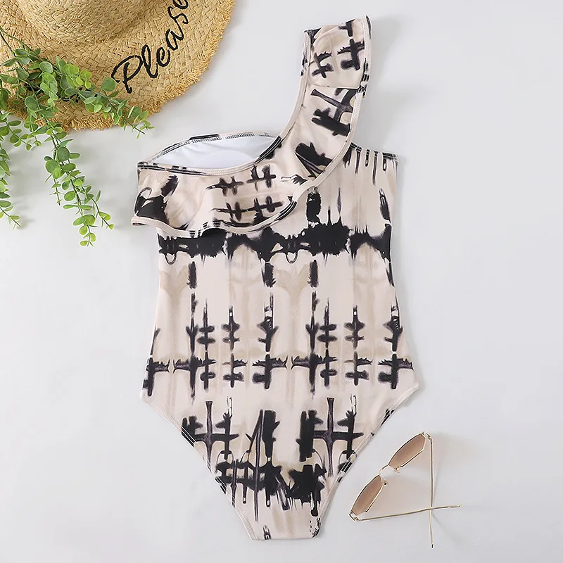 2024  3Colors Ruffle Details One Shoulder Print Swimsuit Sexi Women Plus Size One Piece Swimwear