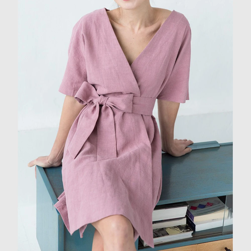 Sky Blue Linen Casual Beach Wear Tie Dress Customized Low Moq Solid Dress Made With 100% Linen Made By Zed Aar Exports