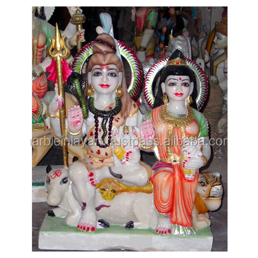Красивая мраморная статуя Shiv Parvati красочное положение сидения с коровой и львом Besst качественный камень Shanker ji Murti