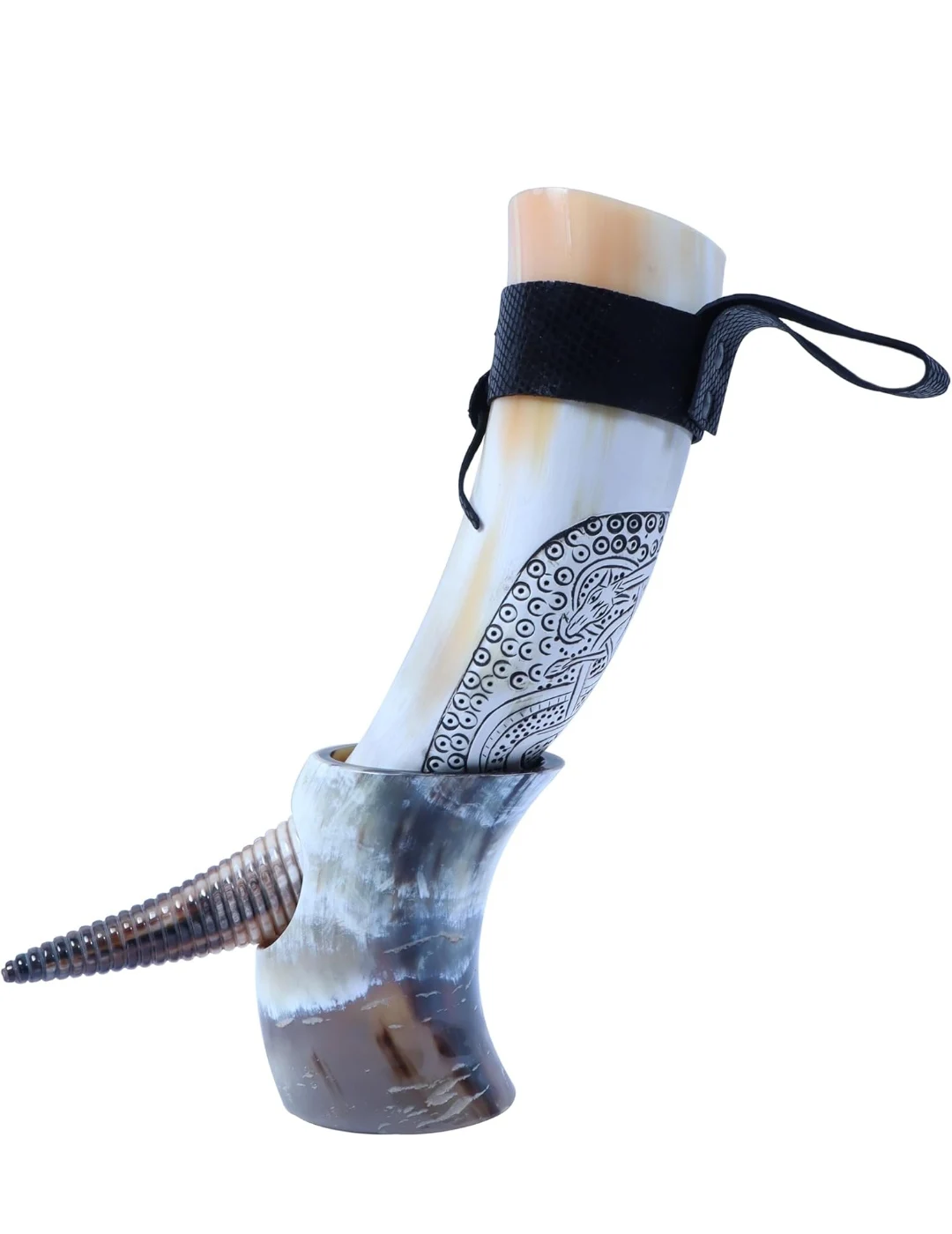 Engraved drinking horn Best Quality Indian Buffalo Drinking Horns With Leather Holder