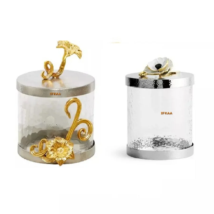 Premium Glass Jars With Gold Flower Lid Food Storage & Container Gold And Silver Home Hotel Restaurant Designer Fancy Glass Jar