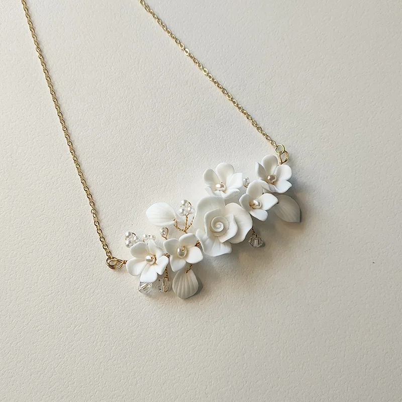 Handmade Wedding Jewelry Necklace Ceramic Flower Leaf Accessories Bridal Necklace With Porcelain Floral