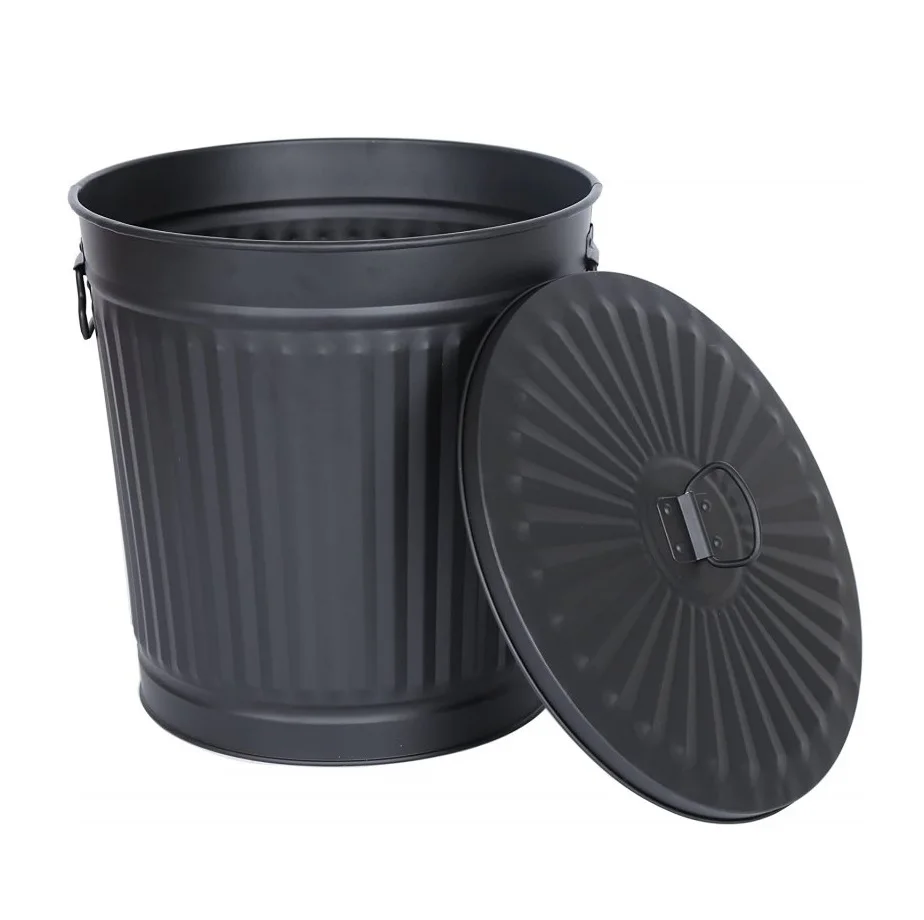 Premium Quality Galvanized Black trash Bin Round Designer Metal Waste Bins Handmade Dustbin Cleaning Tools