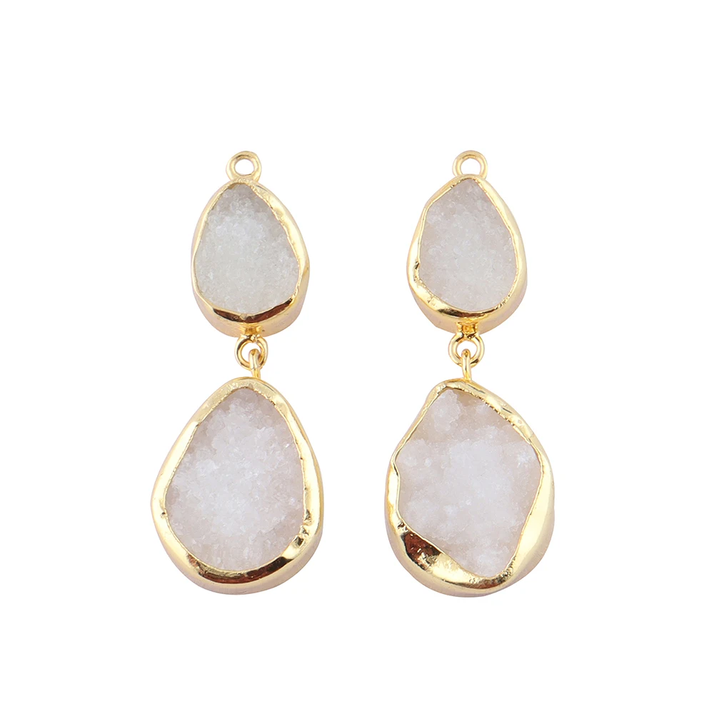 Gold Plated White Agate Druzy Earring Connector/ Collet Sett Rectangle & Round Shape Gemstone Finding Jewelry