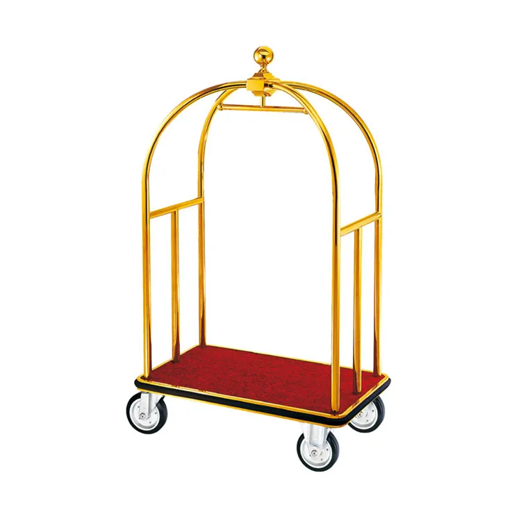 Wholesale Luxury Hotel Stainless Steel Birdcage Luggage Trolley Four Wheels Golden Luggage Cart Trolley