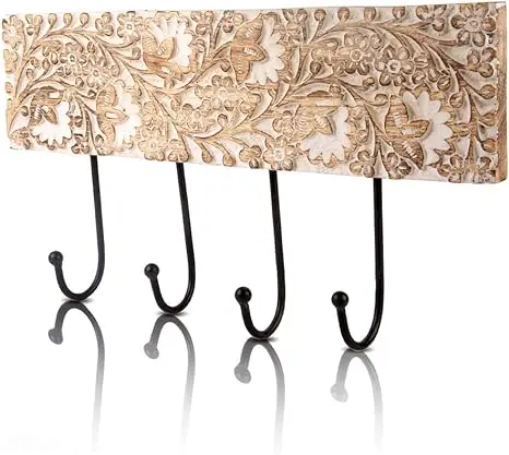 Decorative Wooden & Cast Iron Vintage Rustic Coat Hanger Wall Mounted Jacket Robe Towel Door Hook Rack Holder