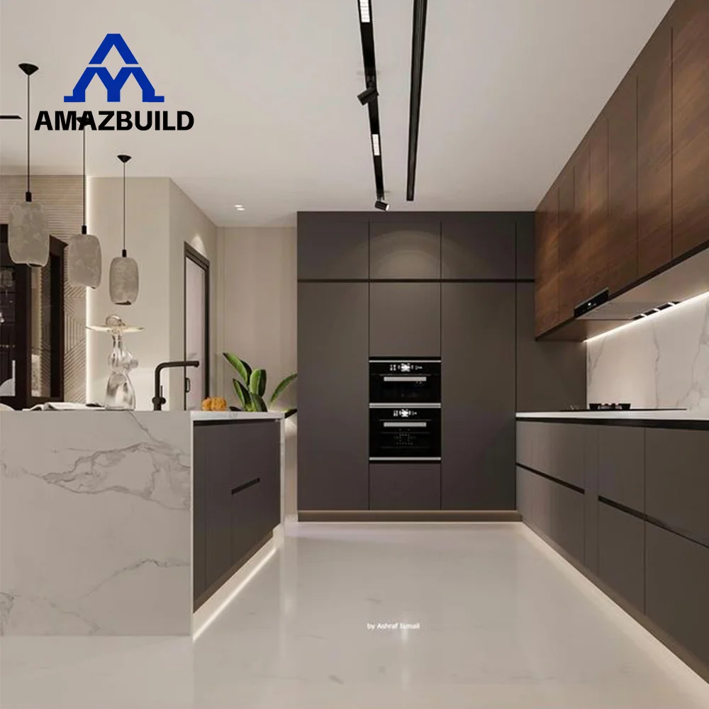 AMAZBUILD Modern American Style Luxury Home Complete Matt Black Wood Kitchen Cabinets