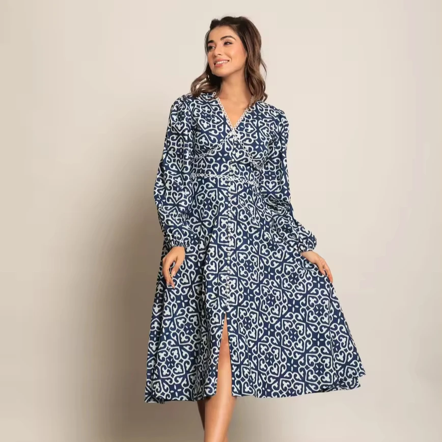 Blue And White Geometric Pattern Printed Midi Dress Beautiful Dress For Women Fancy One Piece Available At Affordable Price