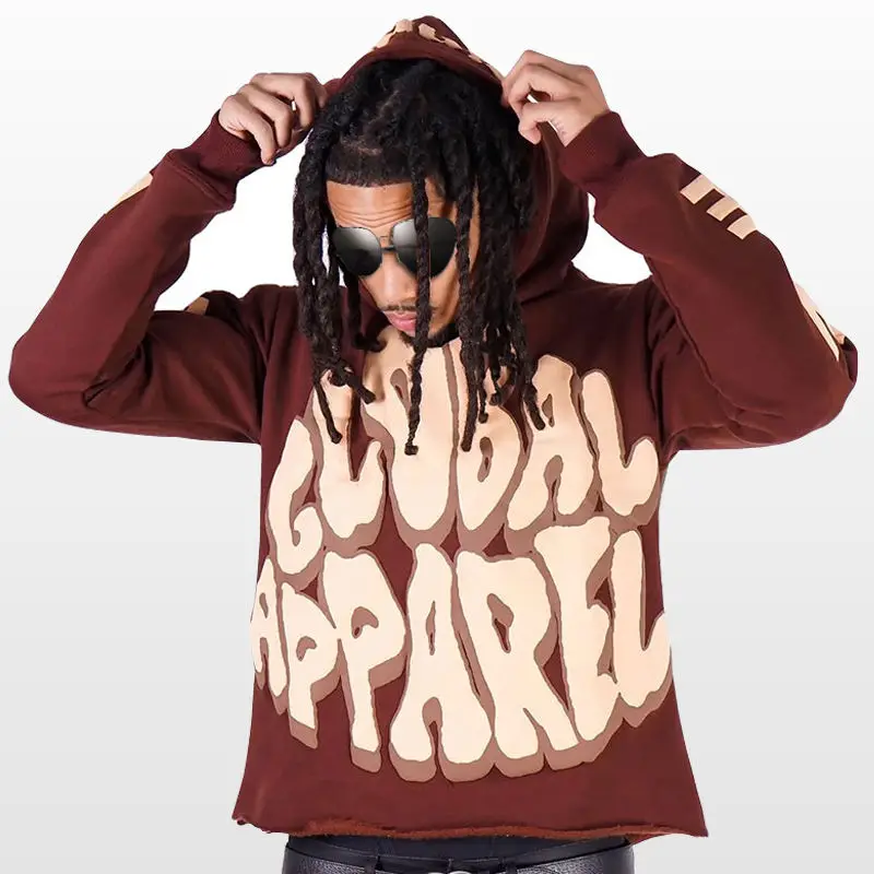 High Quality  Unisex 350 400 Gsm Cut And Sew Hoodie Jacket Full Face Rhinestone Puff Print Custom Full Zip Up Men Hoodie