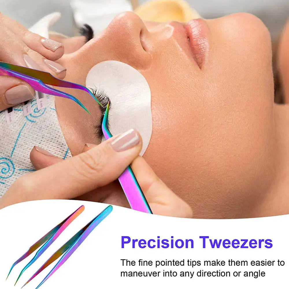 High Quality Stainless Steel Eyelash Tweezers Multi-Color Plasma Pointed 90 Degree Fiber Tip Private Labeled Beauty Applicator
