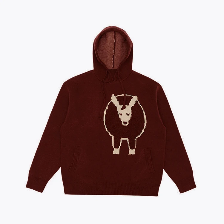 OEM custom pullover knitted hoodie sweater draw string jacquard long sleeve hoodie pocket 7GG winter cotton anti-pilling sweater