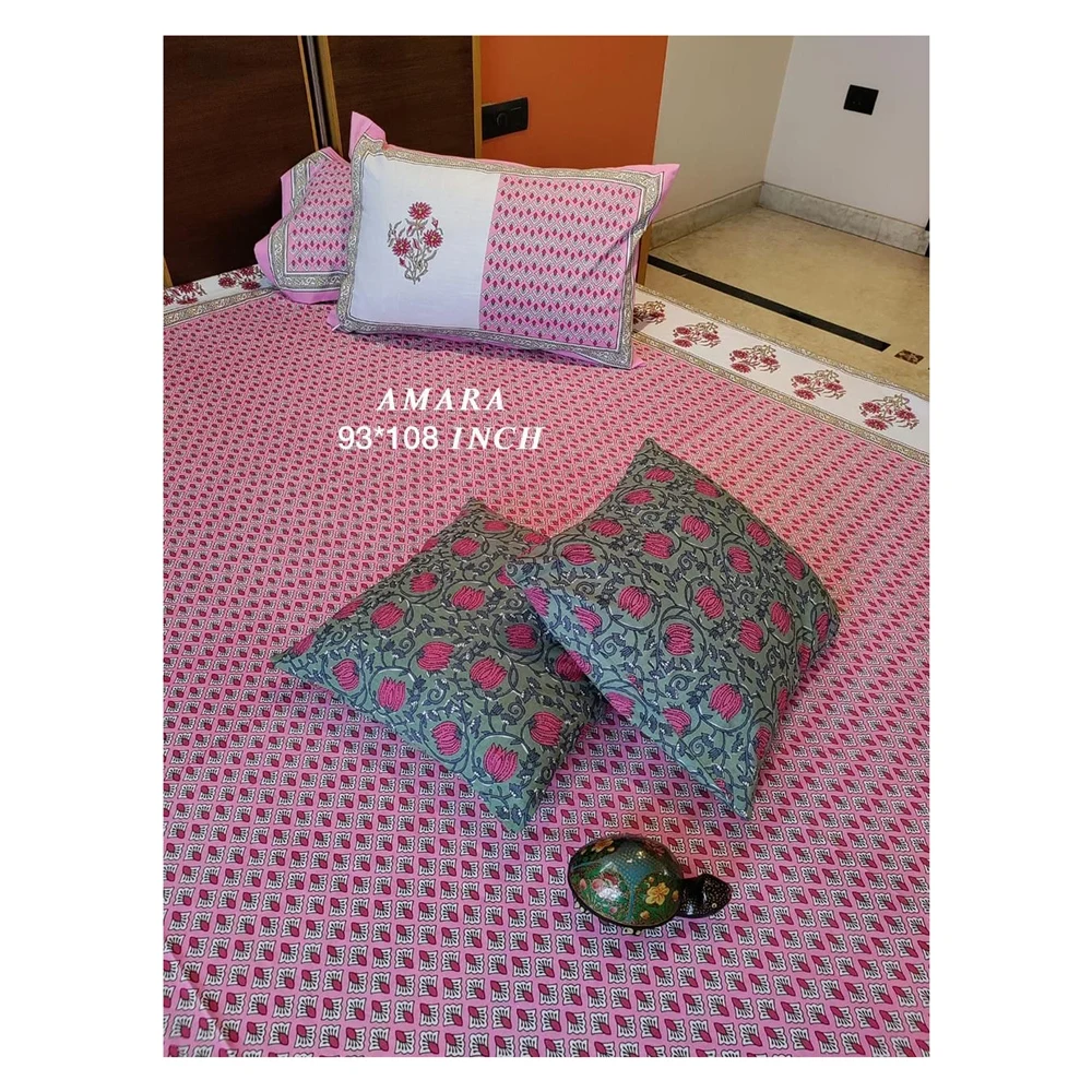 AMBS002 Latest Premium Collection  Amara & Masakali 93x108 With 2 Hand Block Cushion Covers Premium Queen Size Bed Sheets