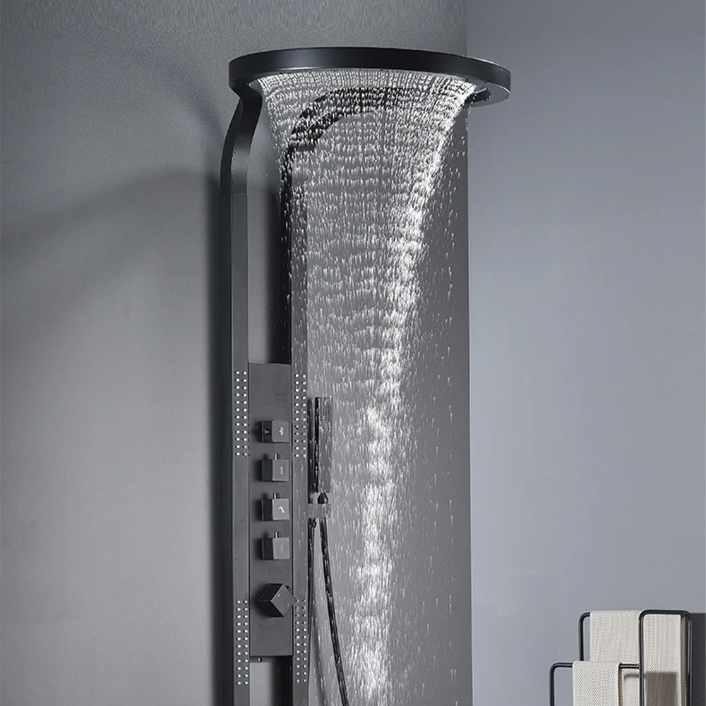 multifunctional floor standing shower surround sprinkler massage shower system black waterfall shower panel