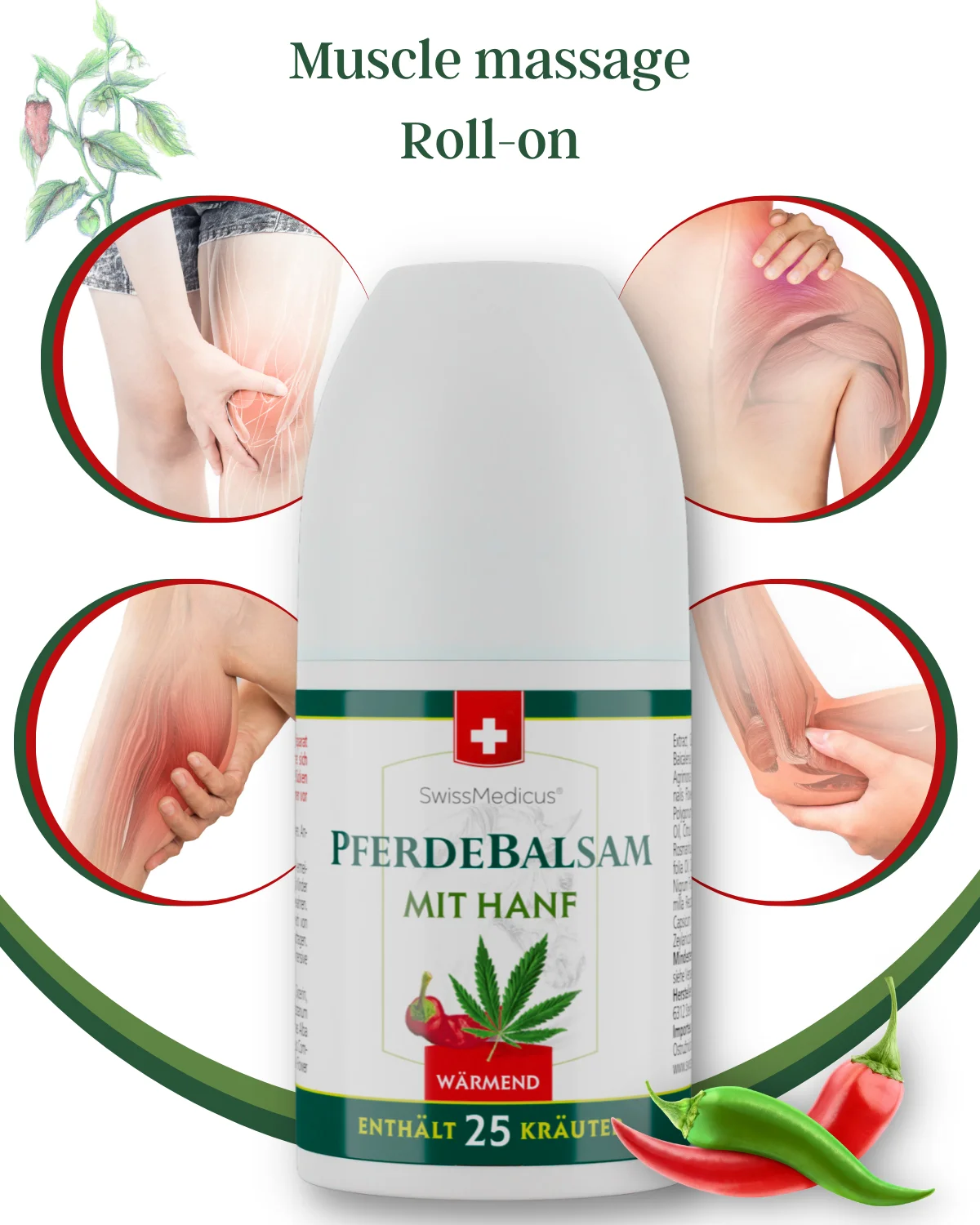 SwissMedicus Pferdebalsam with hemp warming ROLL-ON for joints & muscles, Swiss quality, Pain relief cream, Varicose veins, 90ml