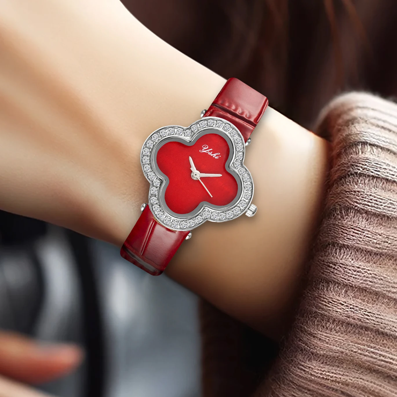 YSHI New Style Flower Shape Quartz Watches Leather Strap Elegant Women Wristwatch Ladies Watch