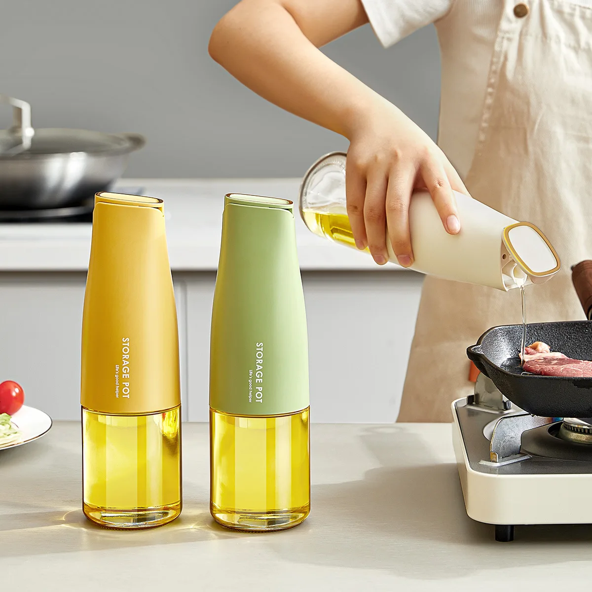 2 in 1500ml  capacity glass household leak proof automatic opening and closing oil storage pot seasoning vinegar bottle tank pot