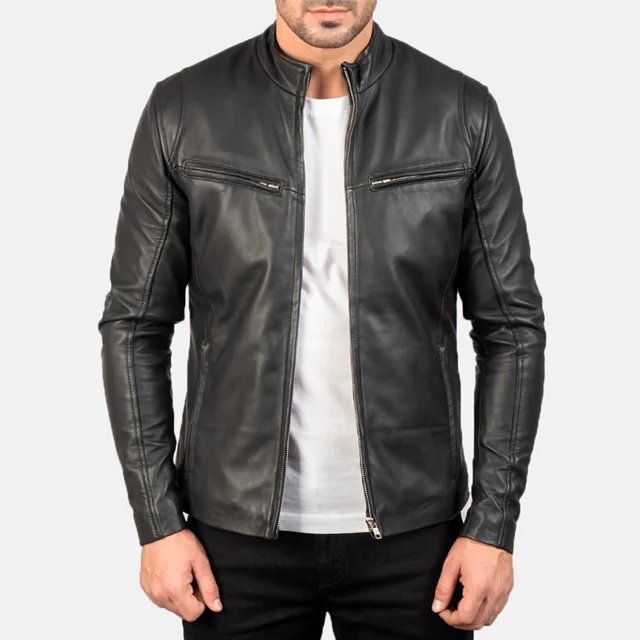 Real Leather Sheepskin Aniline Zipper Gatsby Black Men Biker Jacket with Quilted Black Lining and Inside Outside Pockets