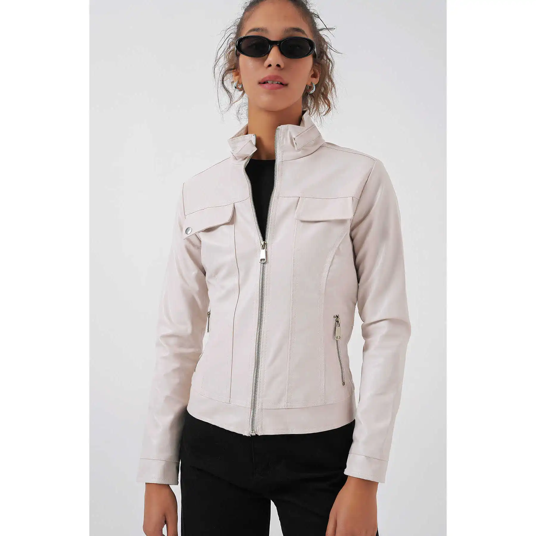 1024 High Neck Leather Jacket - Beige