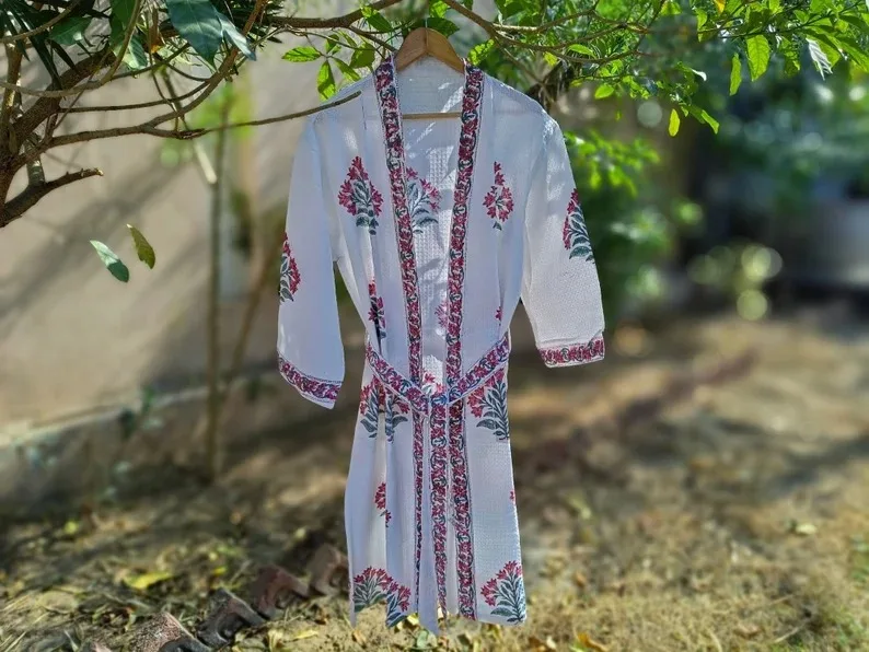 Cotton Waffle Spa Robe Classy Handmade Beach Cover up Super Absorbent Bathrobe Block Print Beautiful Bridesmaid Robes Robe