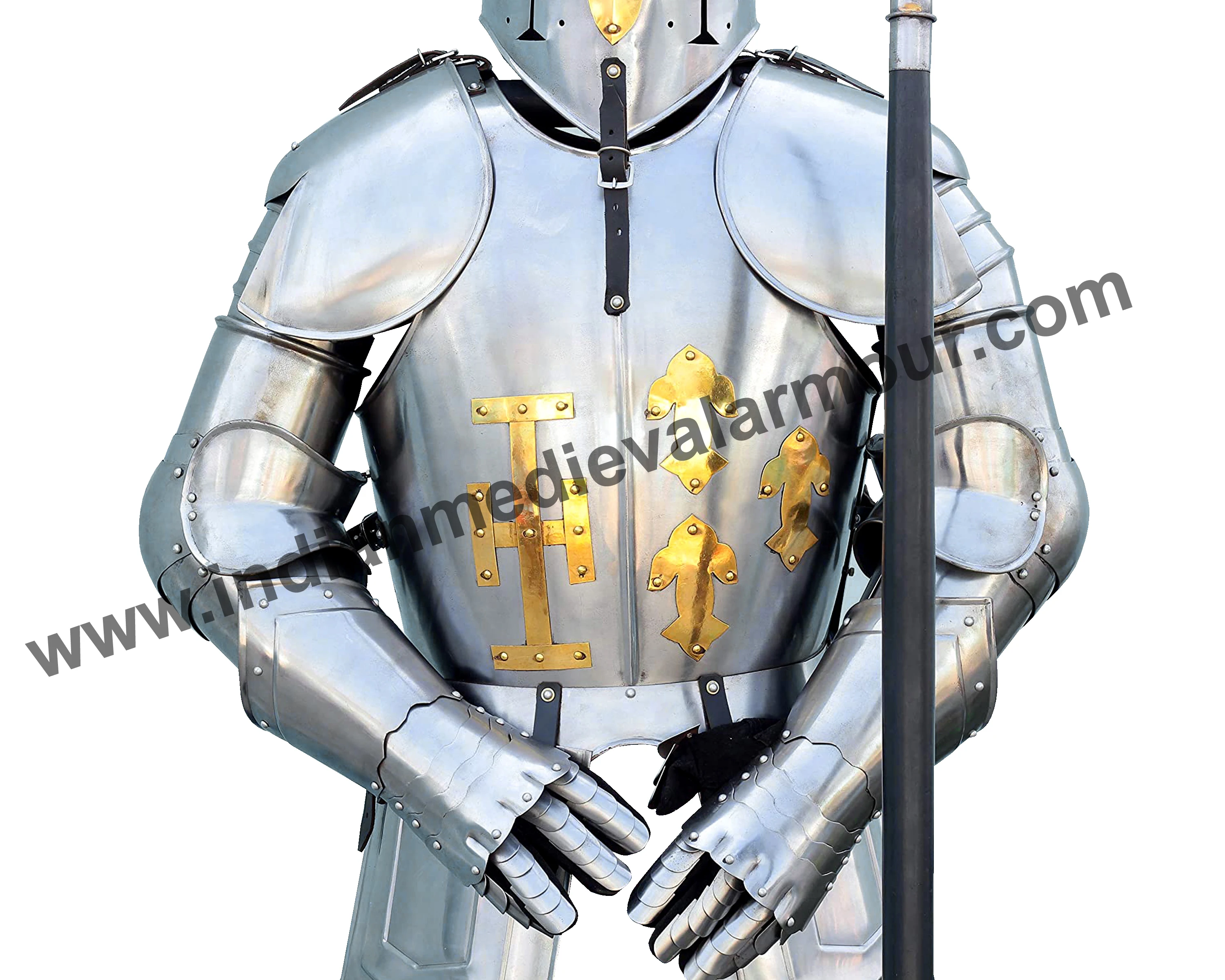 Metallic Full Body Armour Suit Combat Wearable Steel Costume with Display Stand Full Body Length Medieval Armor