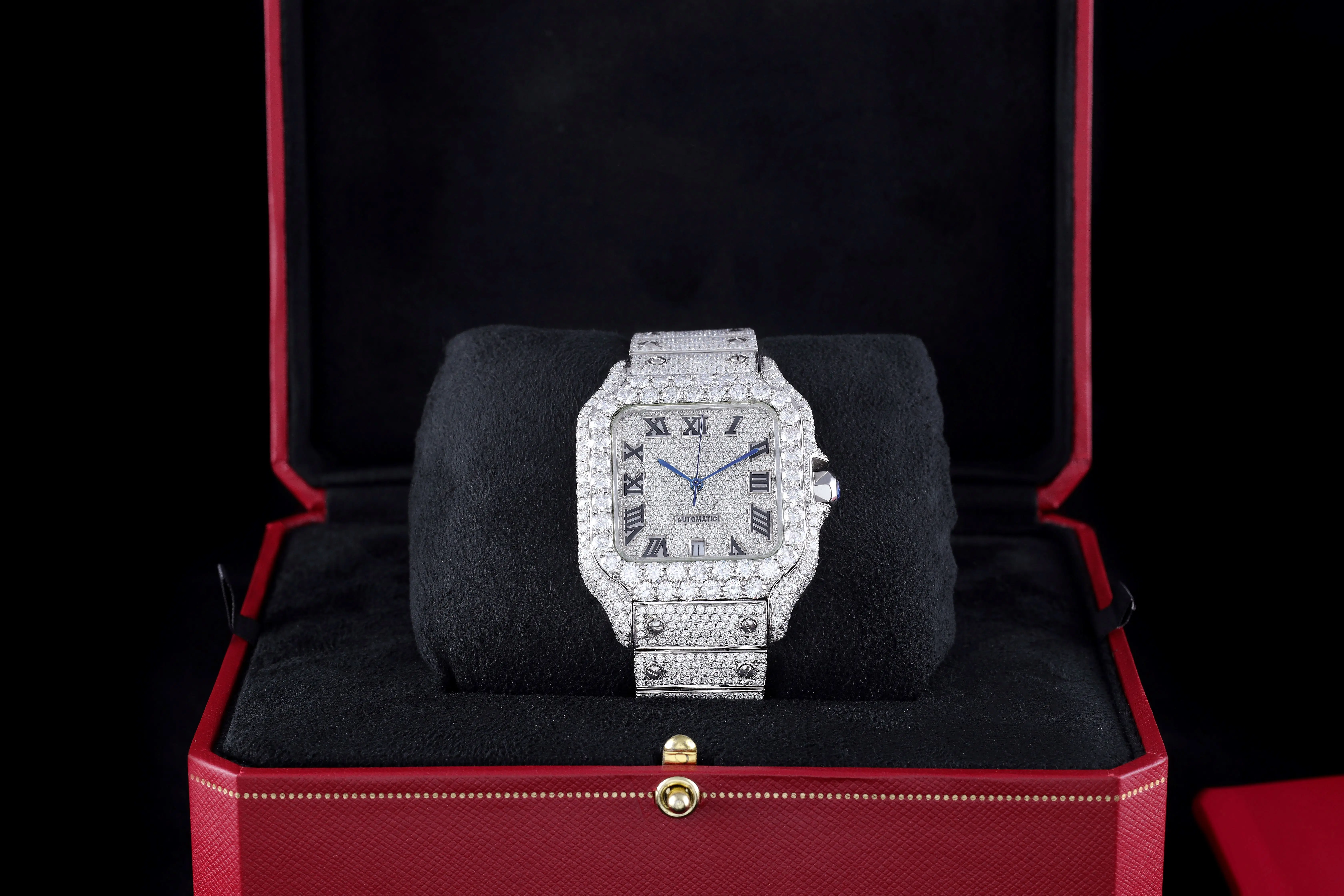 Stainless Steel Moissanite Studded Diamond Watch VVS Clarity Black Dial Analog Quartz Watches for Sale from India