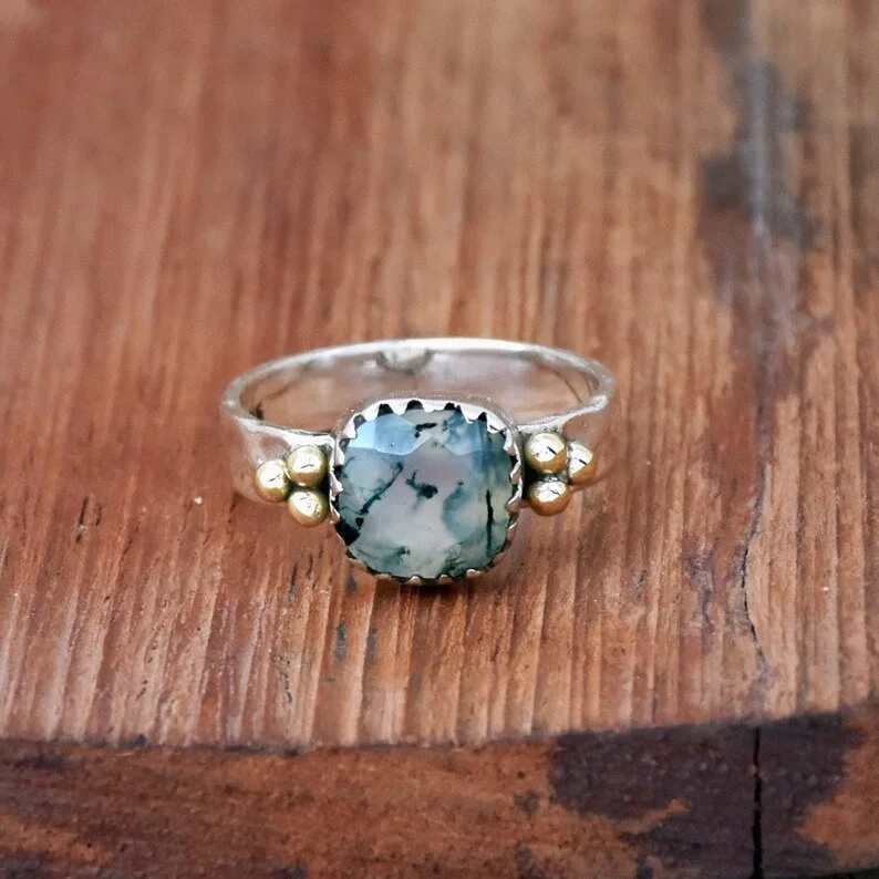 Кольцо из мха и агата 925 стерлингового серебра подушка драгоценный камень эффектное кольцо украшенное бисером обручальное подарок для нее