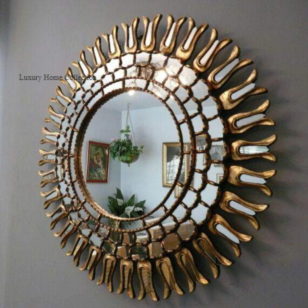 Antique Design Wall Hanging Mirror Rock Shape Gold Color Fancy Look Home and Wall Decor for Restaurant and Hotel Supplies