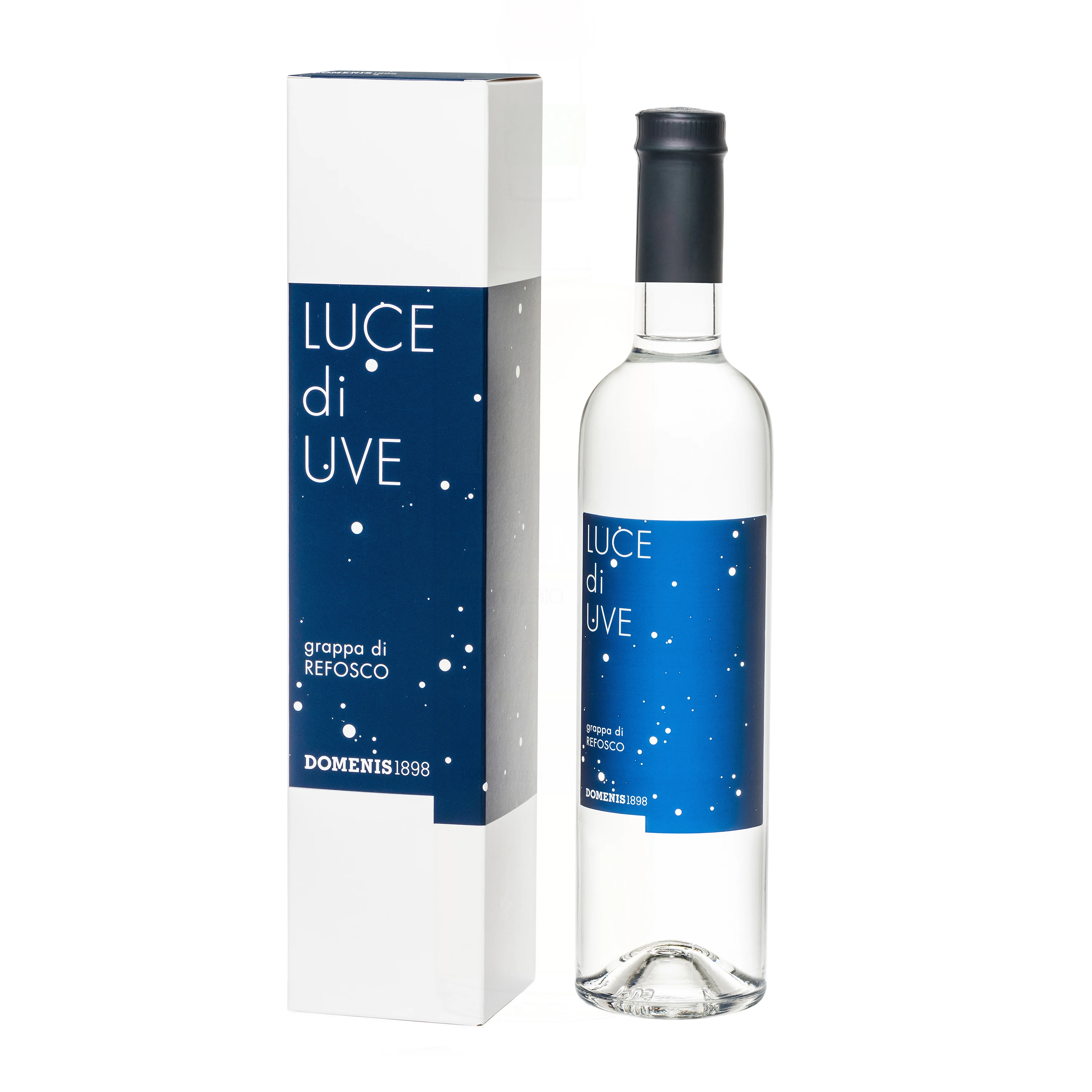 Premium Italian Grappa with moderate alcohol content Luce Di Uve Refosco in 50 cl glass bottle cased