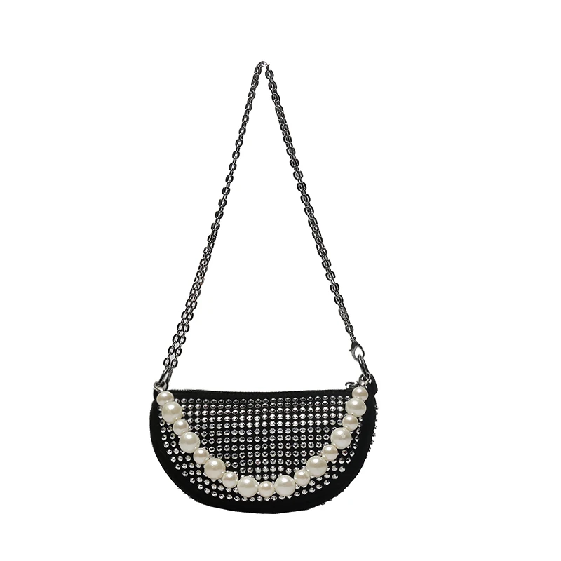 Fashion Beaded Glitter Bling Moon Shape Purse leather Girls Cute Diamond Rhinestone Shoulder Bag for women