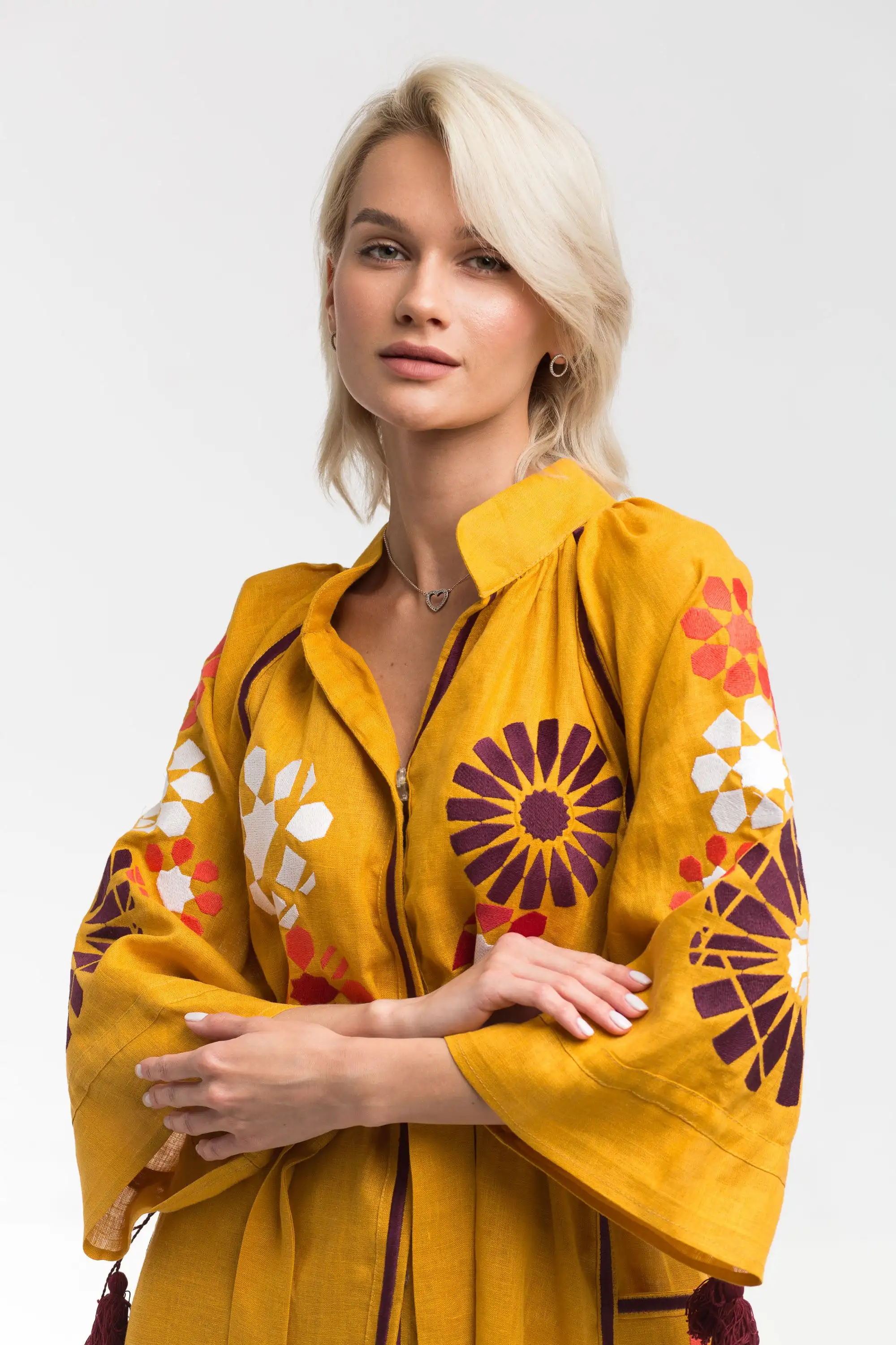 Made With Love White Color Boho Style Geometric Motif Embroidered Dress Sexy Side Slit Women Ukrainian Lantern Sleeve Dress