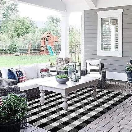 Buffalo Check Cotton Rug Black White Retro Checkered Outdoor Carpet for Farmhouse Living Room Dining Room Door Space Washable