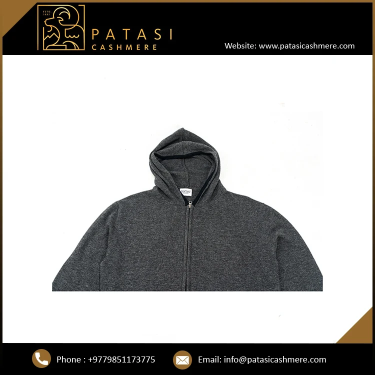 Custom Logo Printed 100% Cashmere Charcoal Grey Flat Knitted Track Jacket with Warm Hood Fancy Long Outdoor Jacket