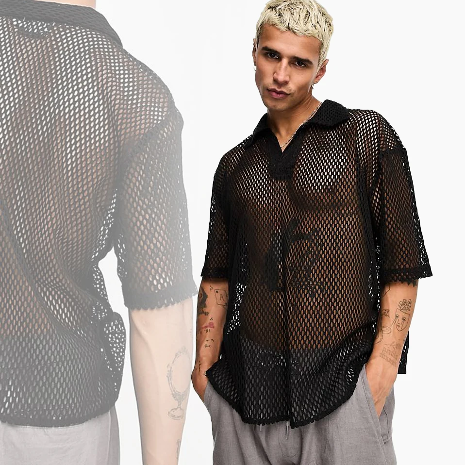 Top Quality 100%  Synthetic Recycled Fashion Mesh T-shirts For Men Pop Culture Black Seethrough Mesh Summer T-shirt