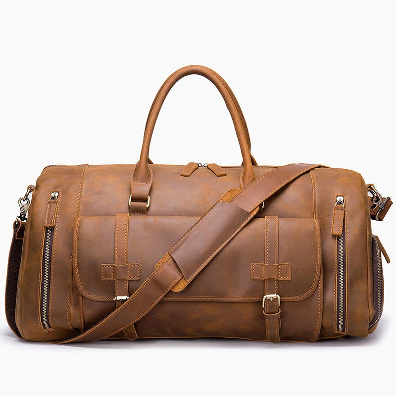 Custom Genuine Leather Camping Hiking Duffel Bag | Multi Functional Genuine Leather Duffel Bags with Shoes Case Zippered