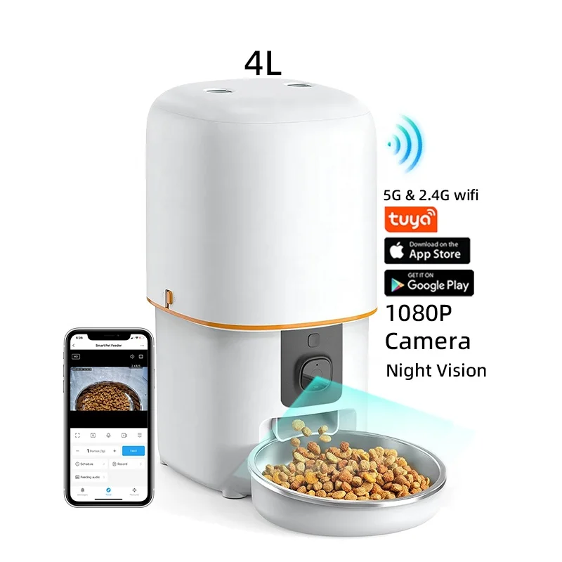 Automatic Smart Pet Feeder Camera Tuya WiFi 4L with APP Remote Control, Stainless Steel and Plastic Bowls, 1080p HD Video