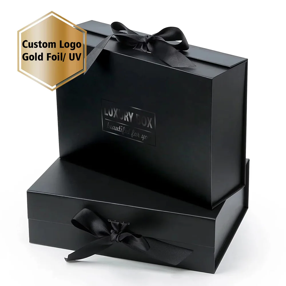 Custom Logo Luxury Foldable Magnetic Closure Book Folding Flat Pack Gift Boxes Embossed With Ribbon Custom Logo Inserts