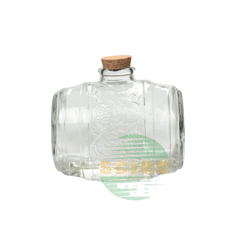 Custom 1L drum shape glass wine barrel beer barrel alcoholic beverage jar with faucet and wooden base