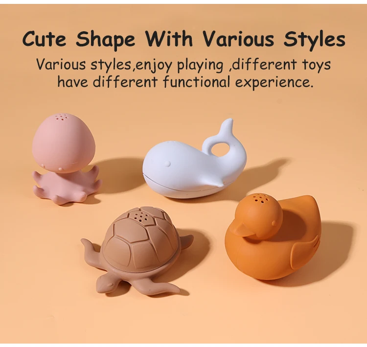 Custom 4 Pcs Set Gift Eco-friendly Non Toxic Toddler Bath Toys Durable Silicone Animals Bathtub Toys Silicone Baby Bath Toys