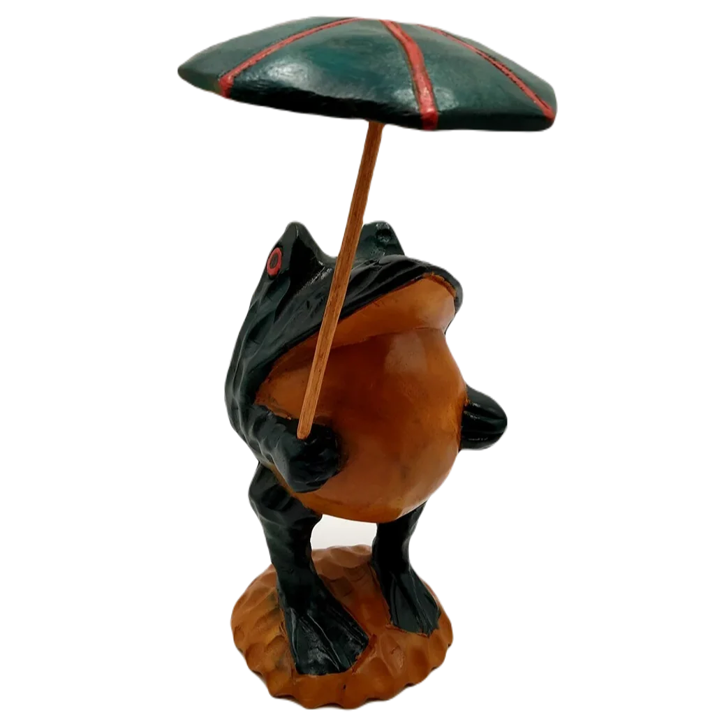 Wooden Frog Under The Umbrella  Thai Handmade Size  7 inches