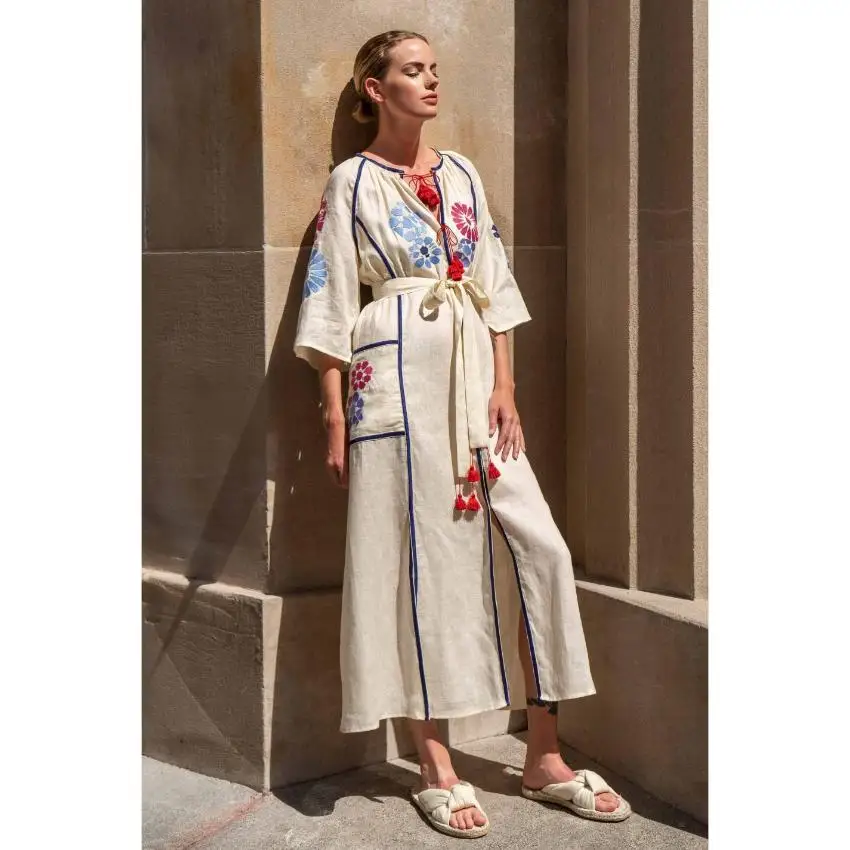 Made With Love White Color Boho Style Geometric Motif Embroidered Dress Sexy Side Slit Women Ukrainian Lantern Sleeve Dress